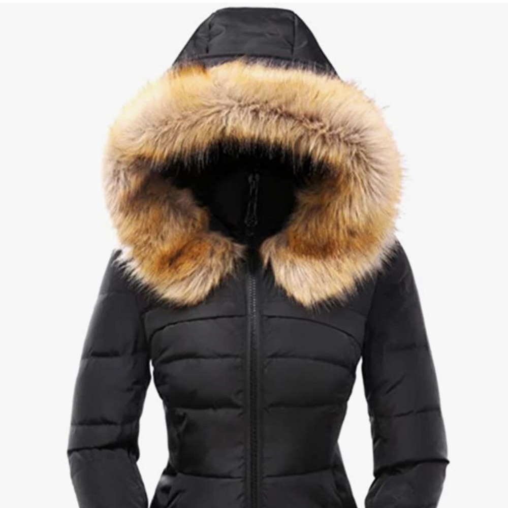 Valuker Black Women's Down Coat With Fur Hood 90% Down Waterproof Parka